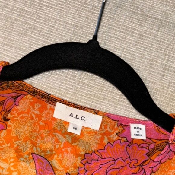 A.L.C. Samara Silk Floral Cropped Top Orange Pink Long Sleeve Blouse size 00 - Picture 10 of 13